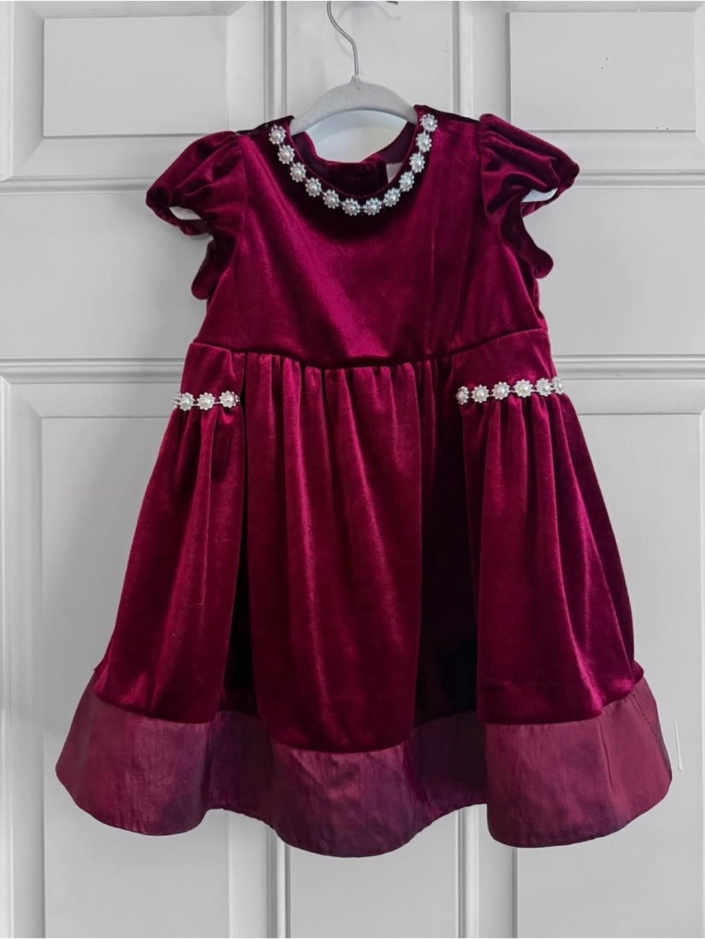 Rare Editions Burgundy Velvet Party Dress with Pearl Floral Trim